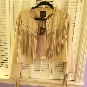 Microsuede light taupe fringe jacket. Brand new. Size S